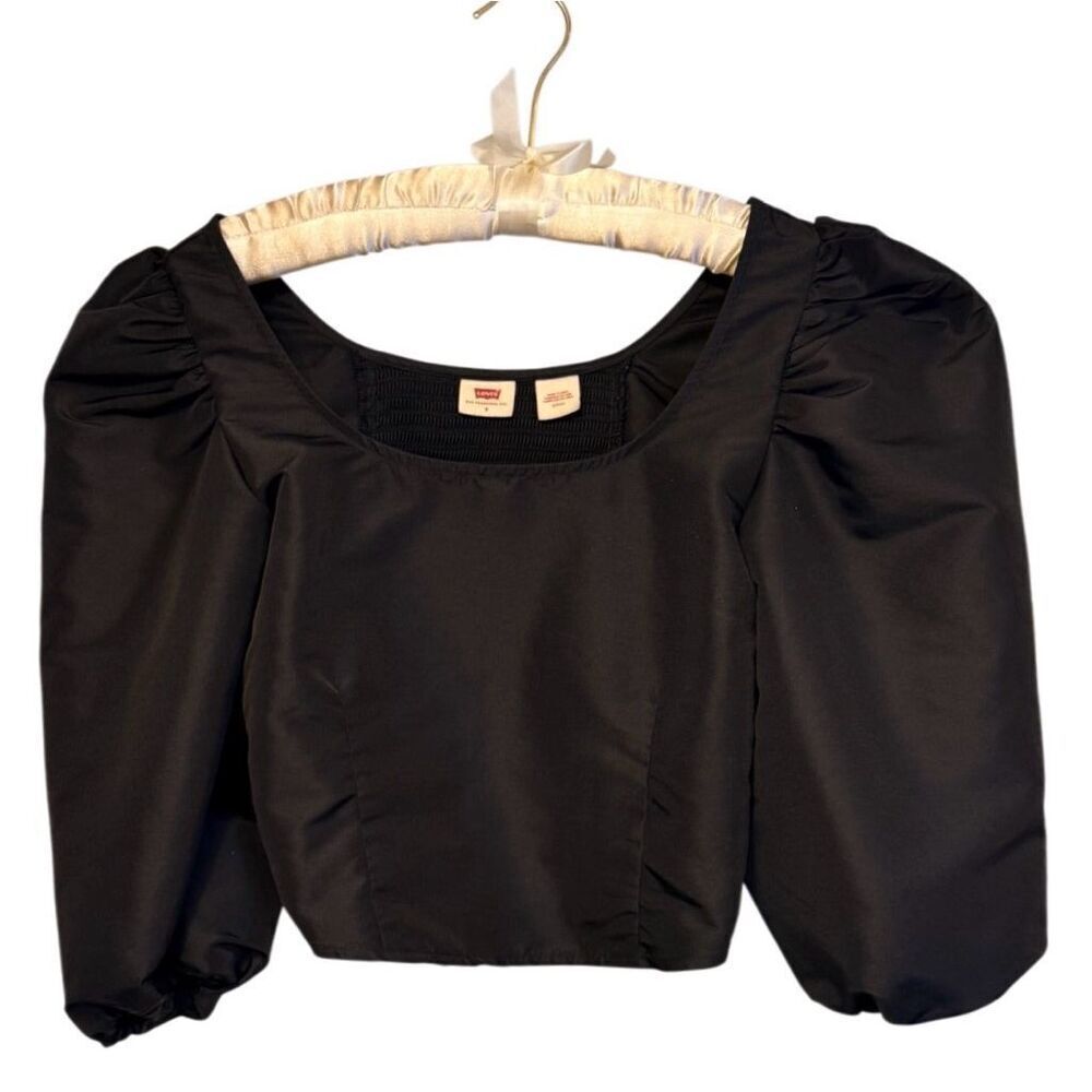 Levi’s Womens Blouse Puff Sleeve Cropped Top Small Smocked Back Black